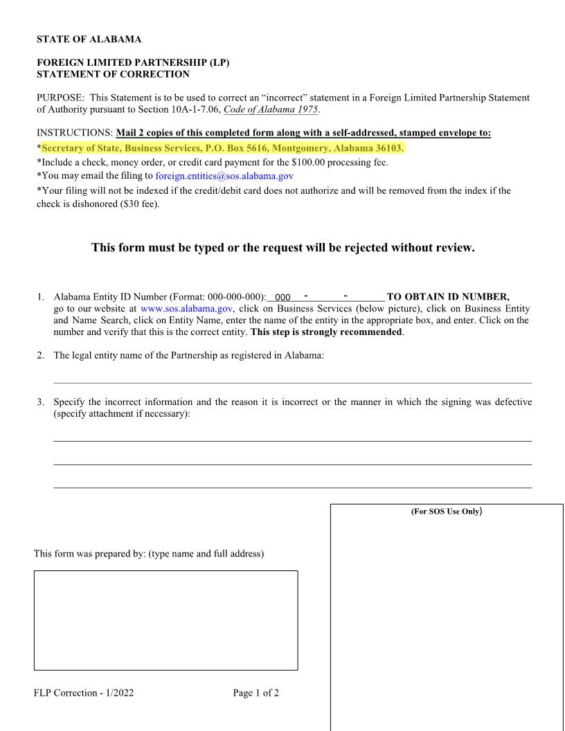 Foreign LP Statement Of Correction | Pdf Fpdf Docx | Alabama