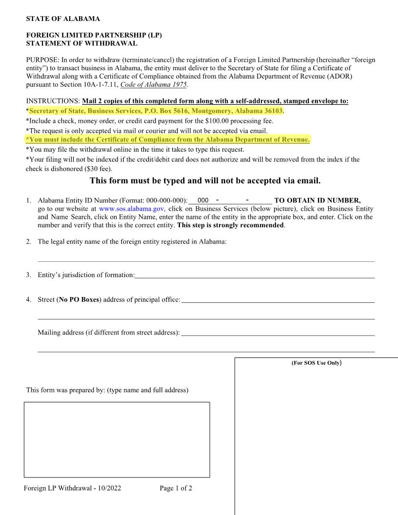 Foreign LP Statement Of Withdrawl | Pdf Fpdf Docx | Alabama