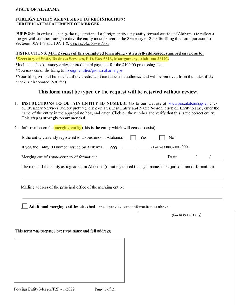 Foreign Entity Amendment To Registration Certificate Statement Of Merger | Pdf Fpdf Docx | Alabama