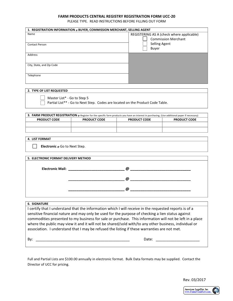 Farm Products Registration {UCC-20} | Pdf Fpdf Docx | Alabama