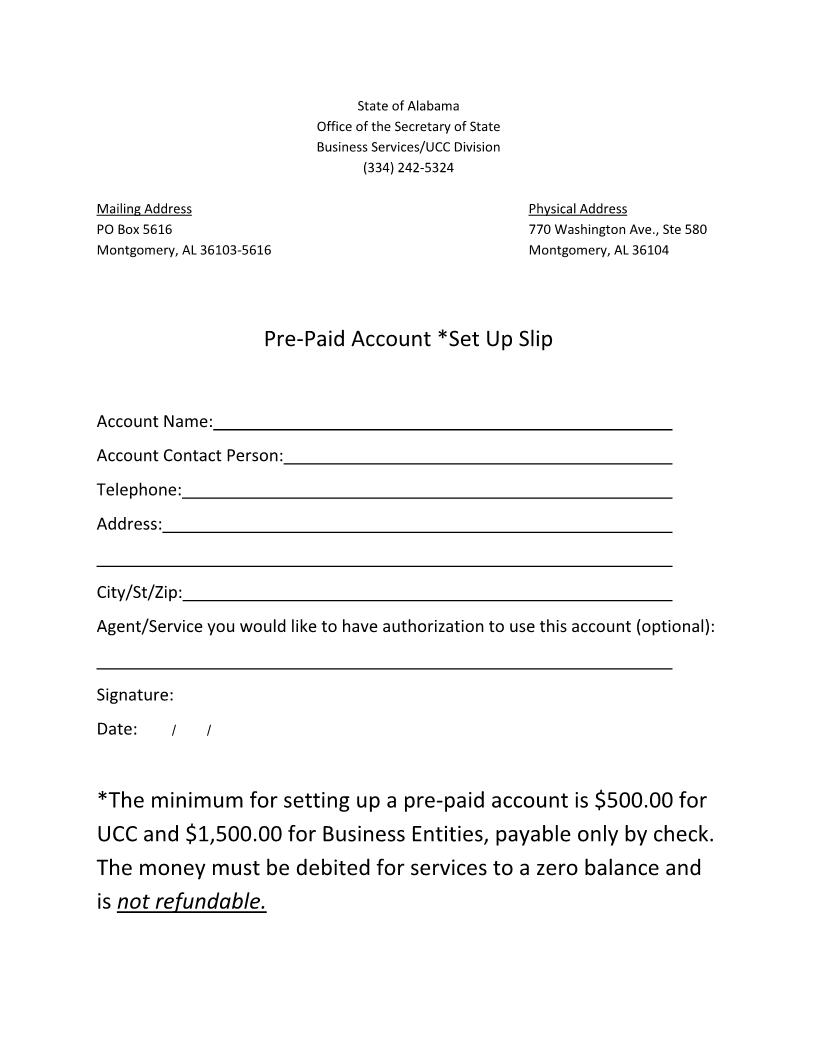 Prepaid Acct Set Up Slip | Pdf Fpdf Docx | Alabama