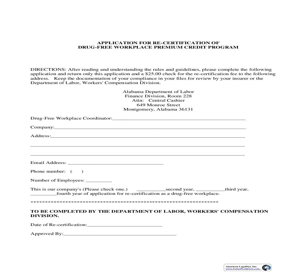 Application For Recertification Of Drug Free Workplace Premium Credit Program | Pdf Fpdf Doc Docx | Alabama
