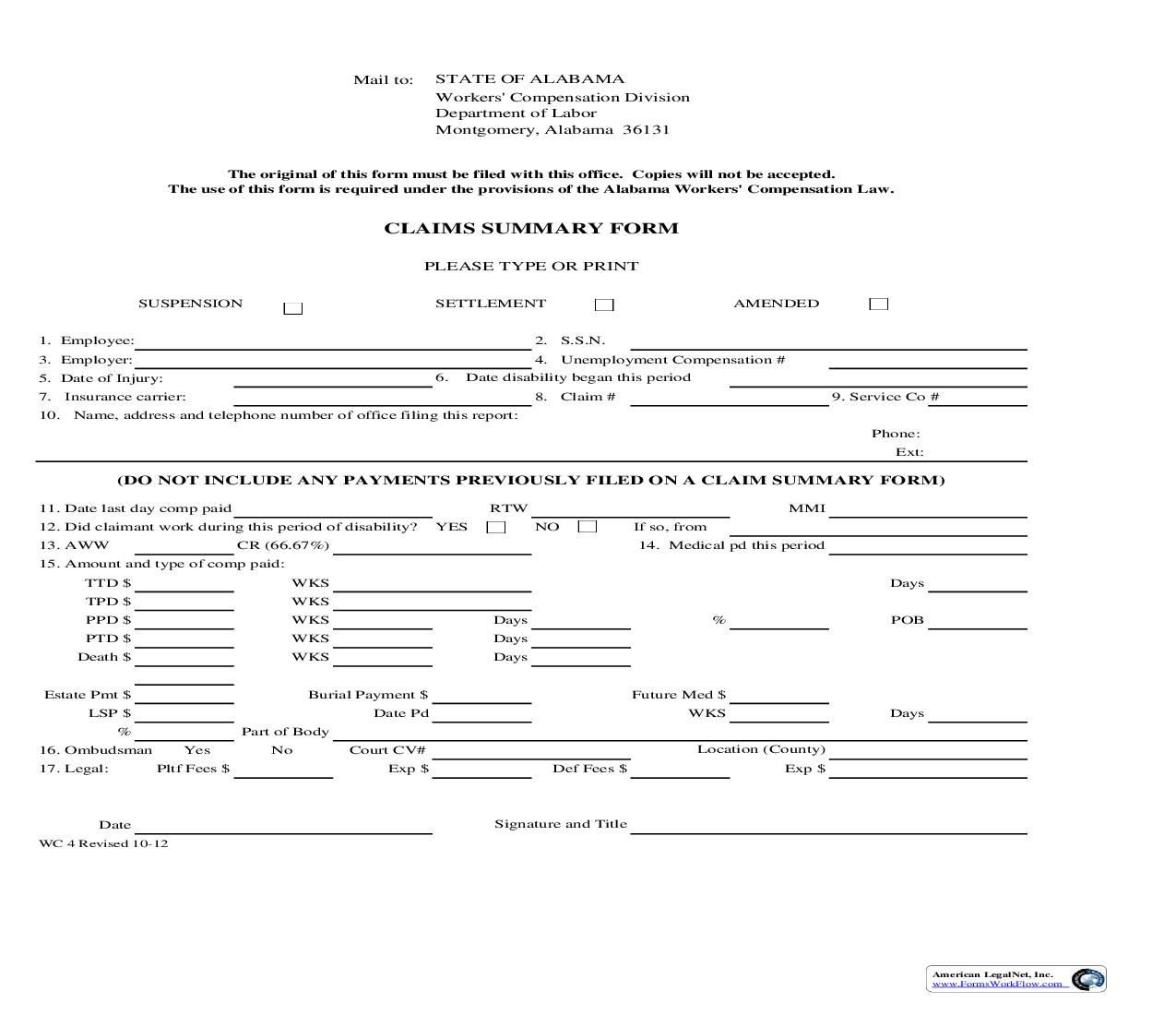 Claims Summary Form {WC4} | Pdf Fpdf Doc Docx | Alabama