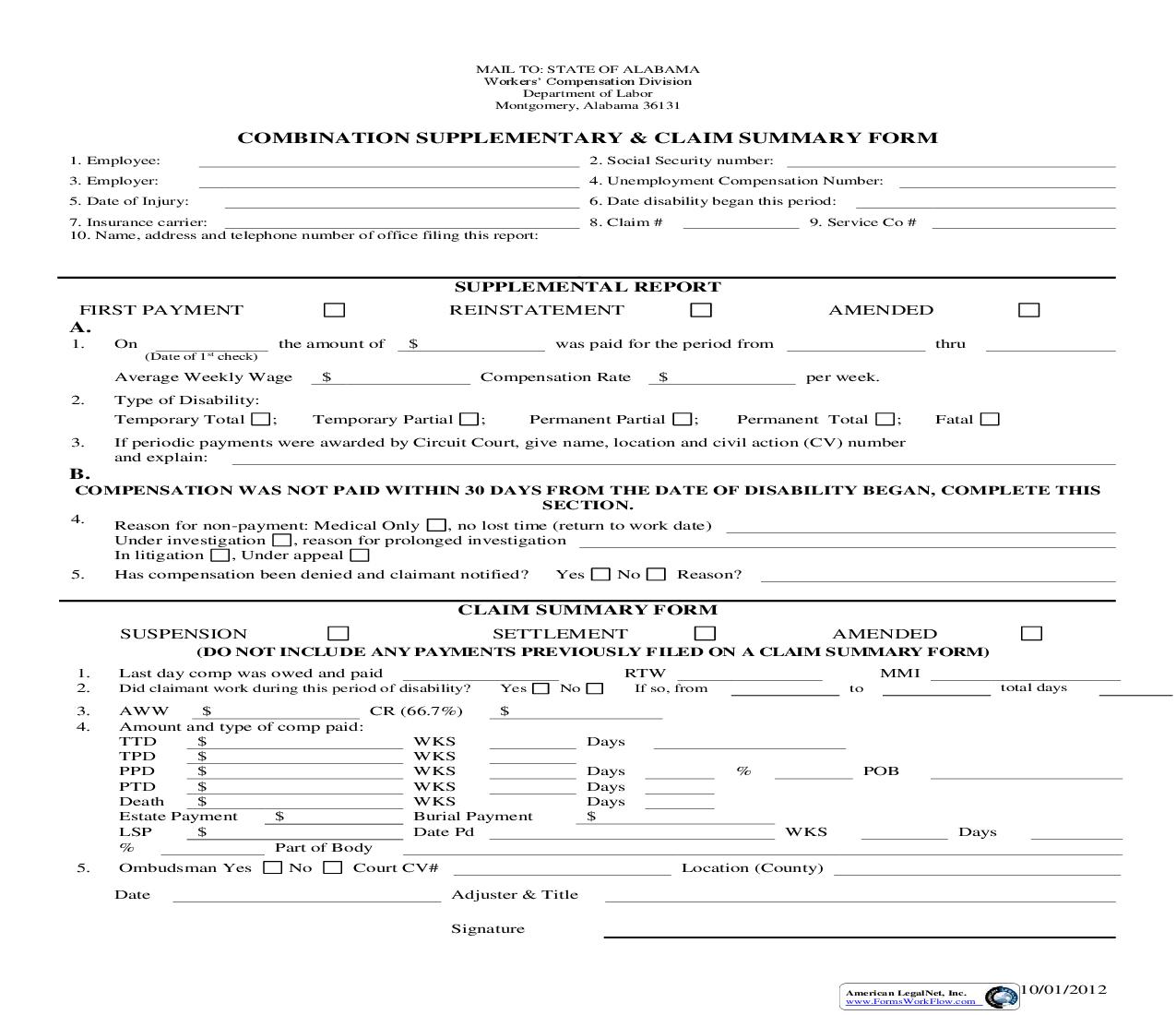 Combination Supplementary And Claim Summary Form | Pdf Fpdf Doc Docx | Alabama