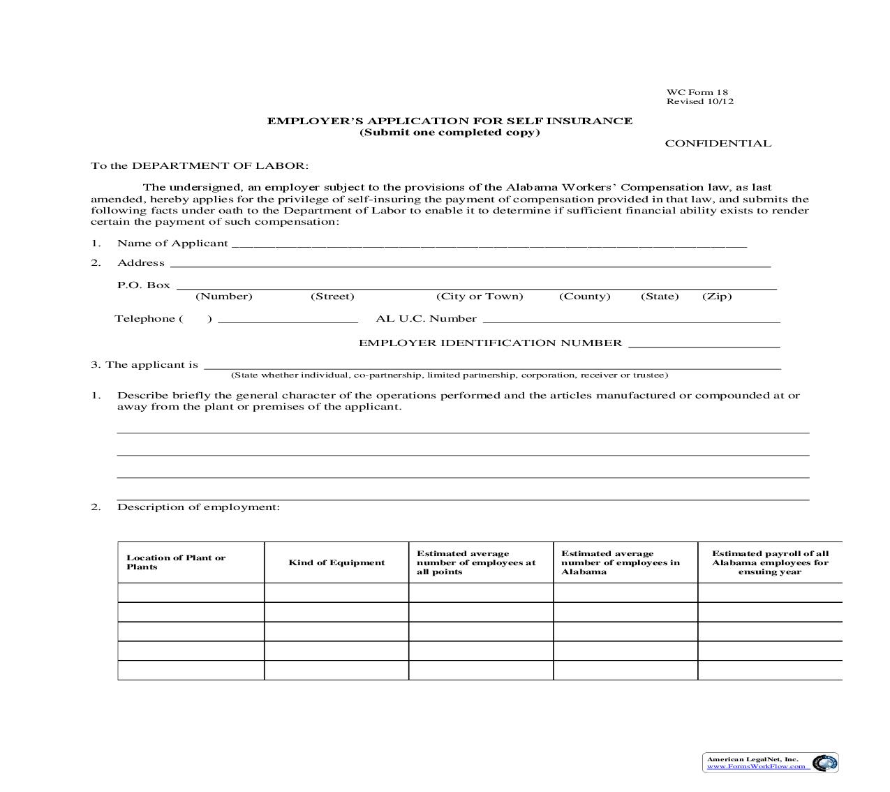 Employers Application For Self Insurance {WC 18} | Pdf Fpdf Doc Docx | Alabama