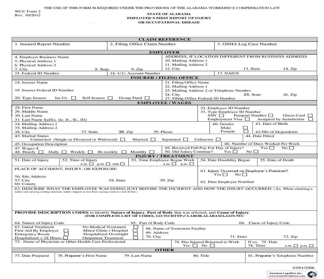 Employers First Report Of Injury Or Occupational Disease {WC 2} | Pdf Fpdf Doc Docx | Alabama