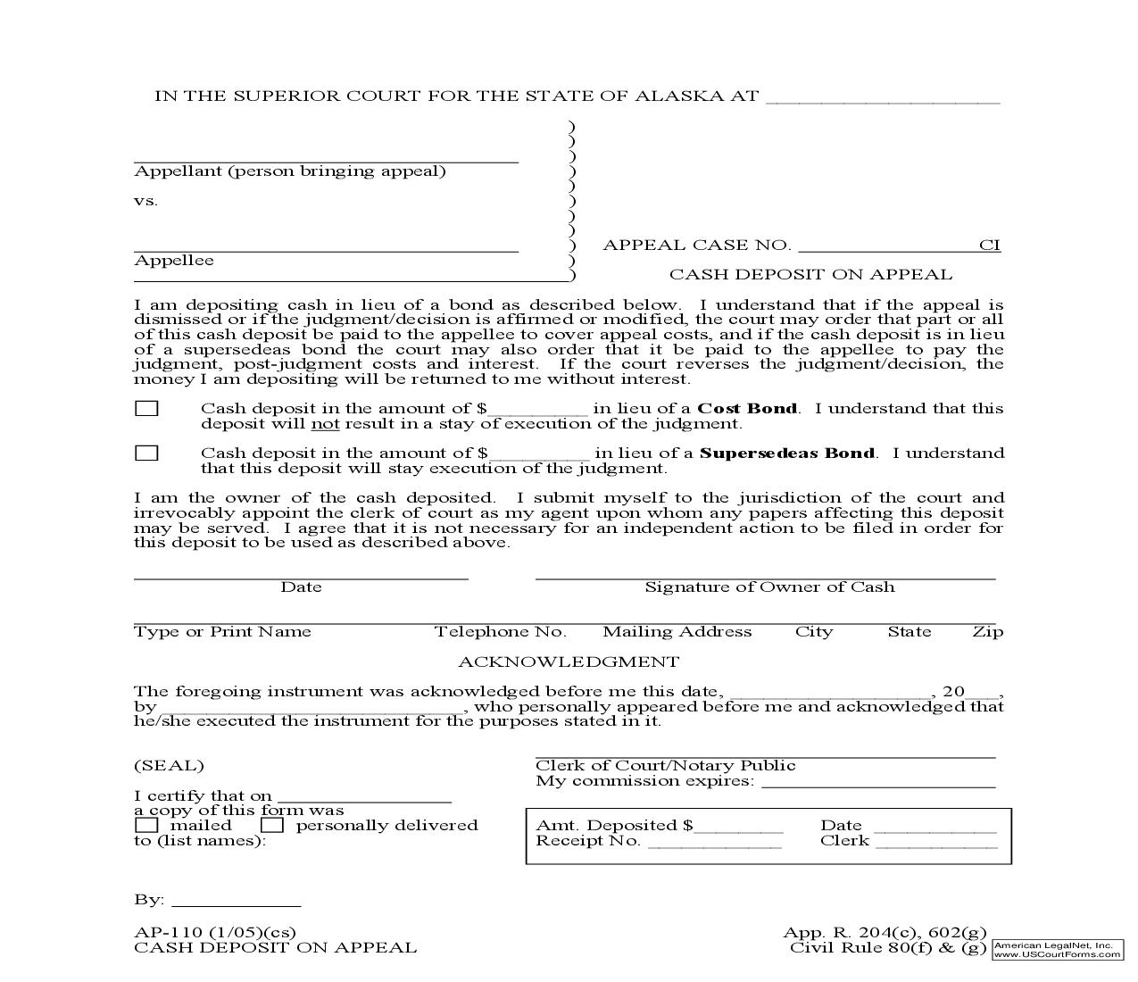 Cash Deposit On Appeal {AP-110} | Pdf Fpdf Doc Docx | Alaska