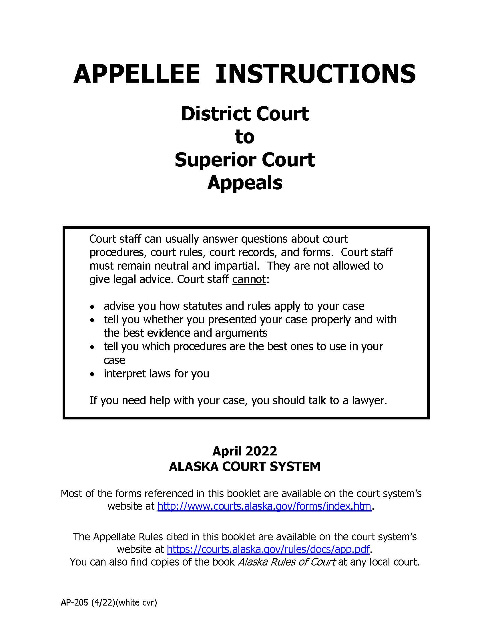 District Court To Superior Court Appeals Appellee Instructions {AP-205} | Pdf Fpdf Docx | Alaska