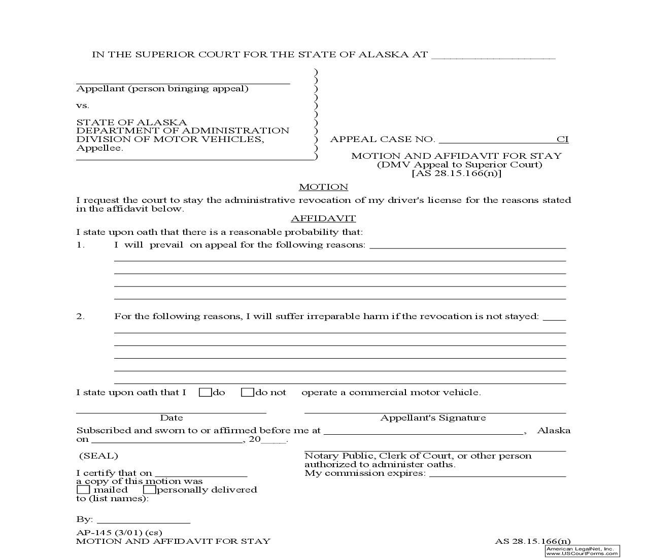 Motion And Affidavit For Stay (DMV Appeal To Superior Court) {AP-145} | Pdf Fpdf Doc Docx | Alaska