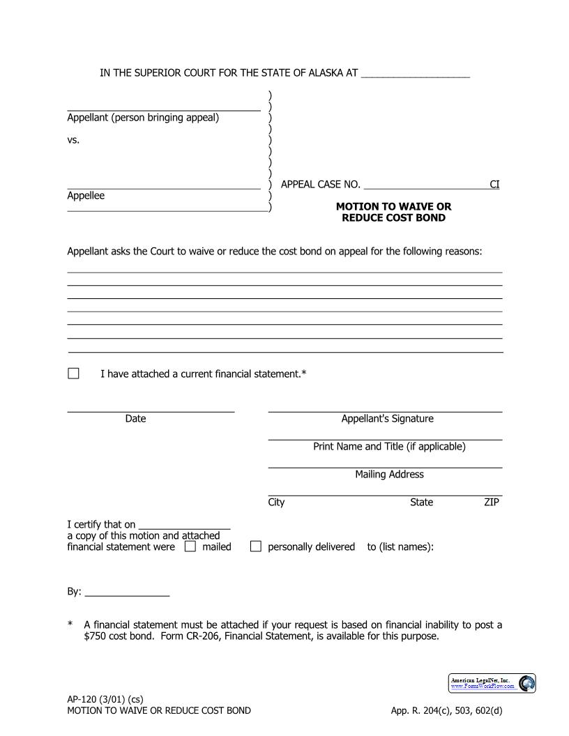 Motion To Waive Or Reduce Cost Bond {AP-120} | Pdf Fpdf Docx | Alaska