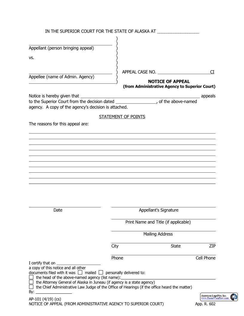 Notice Of Appeal (From Administrative Agency To Superior Court) {AP-101} | Pdf Fpdf Docx | Alaska