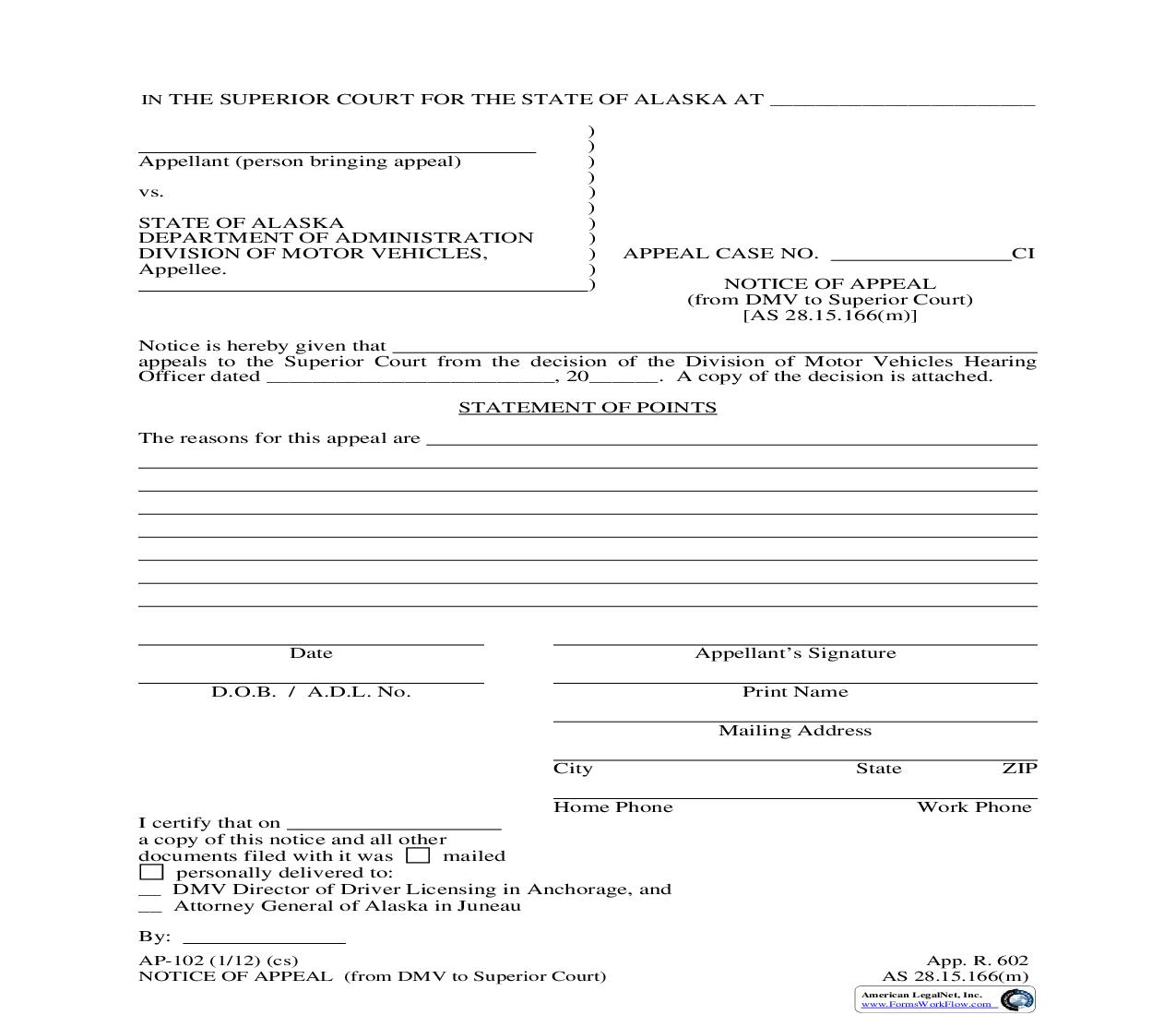 Notice Of Appeal (From DMV To Superior Court) {AP-102} | Pdf Fpdf Doc Docx | Alaska