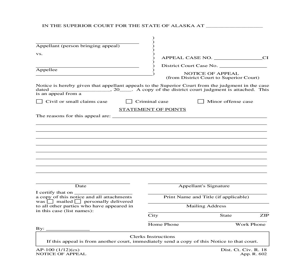 Notice Of Appeal (From District Court To Superior Court) {AP-100} | Pdf Fpdf Doc Docx | Alaska