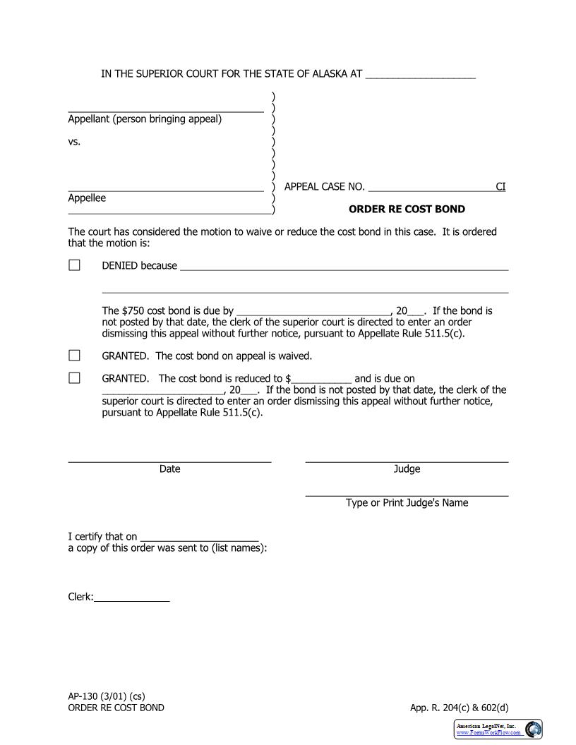 Order Re Cost Bond {AP-130} | Pdf Fpdf Docx | Alaska