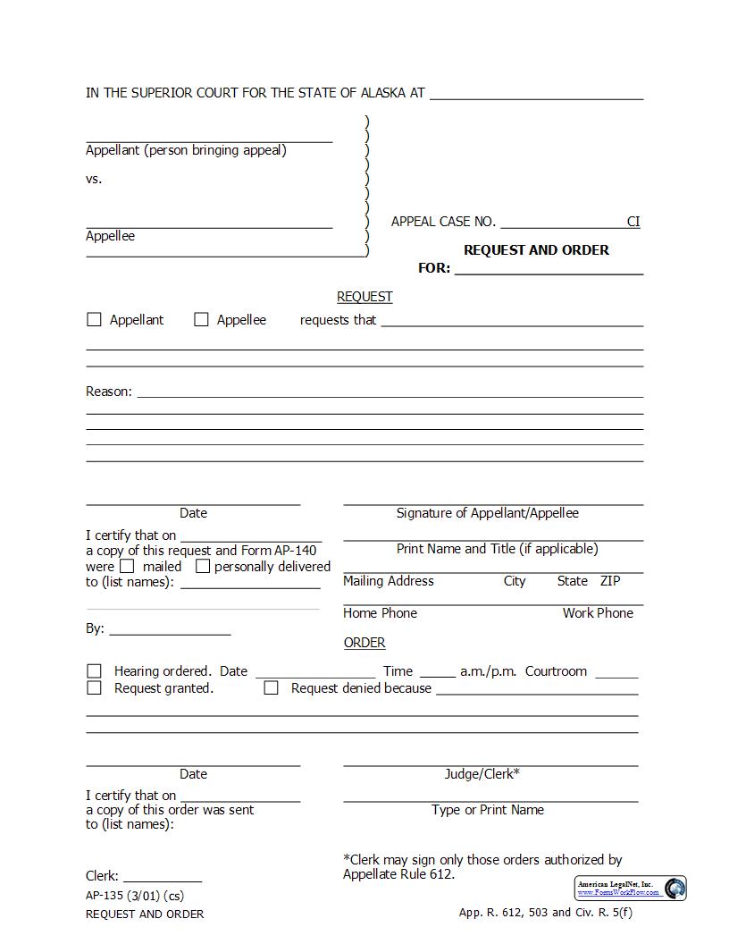 Request And Order {AP-135} | Pdf Fpdf Docx | Alaska