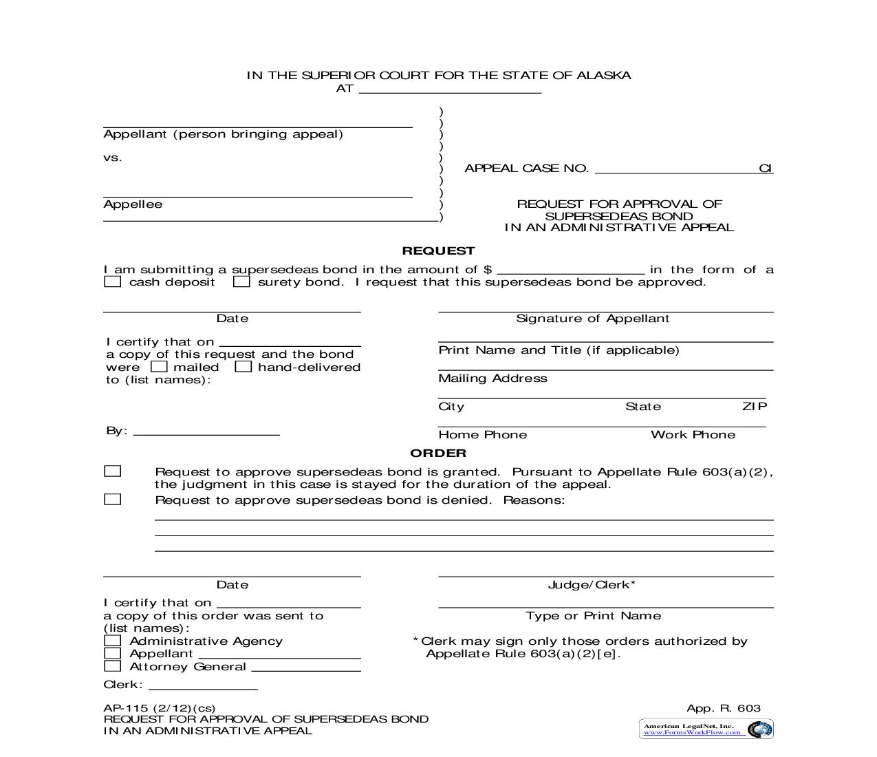 Request For Approval Of Supersedeas Bond {AP-115} | Pdf Fpdf Doc Docx | Alaska