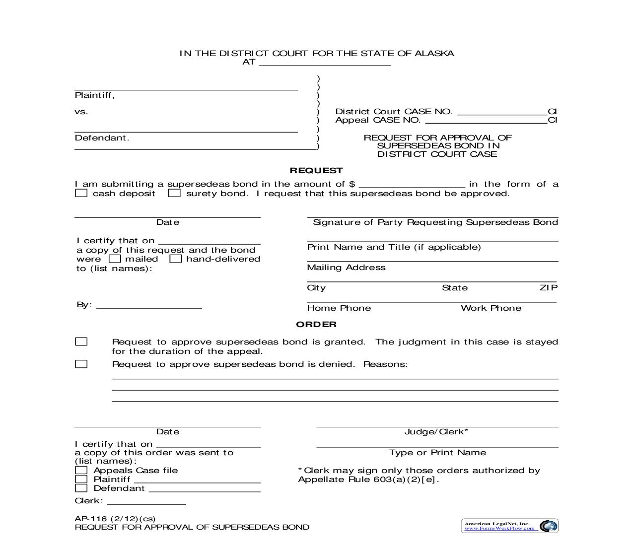Request For Approval Of Supersedeas Bond {AP-116} | Pdf Fpdf Doc Docx | Alaska