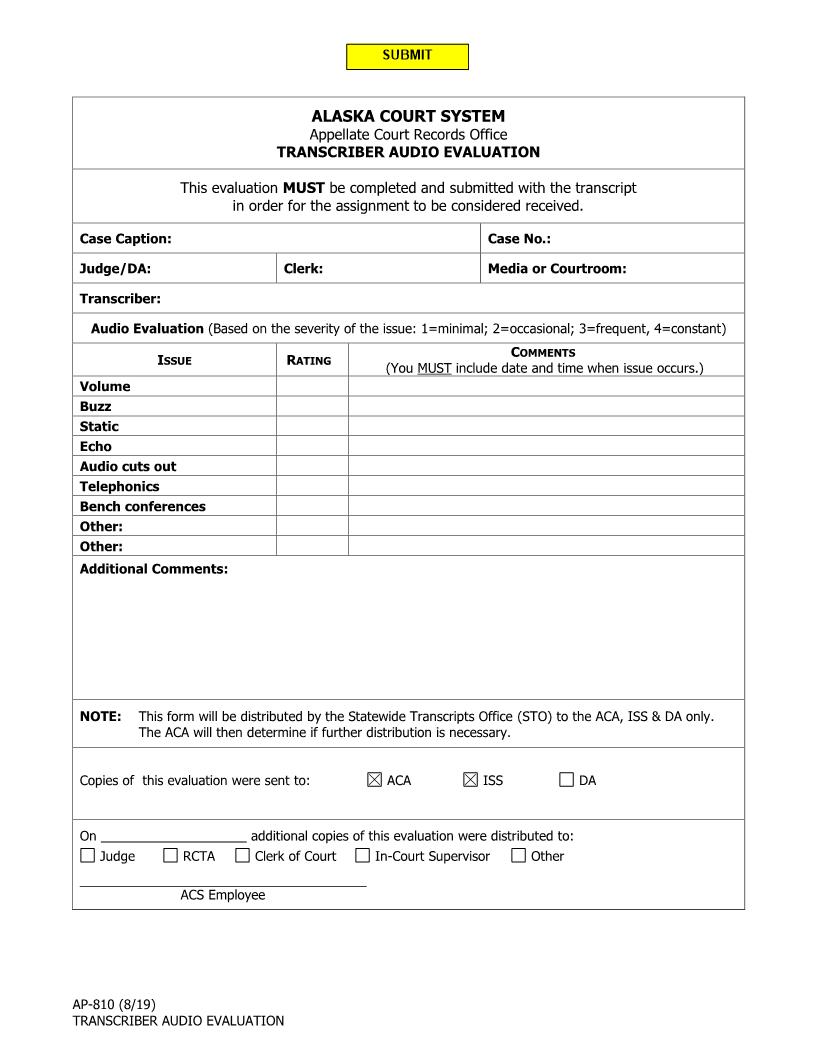 Transcriber Audio Evaluation {AP-810} | Pdf Fpdf Doc Docx | Alaska