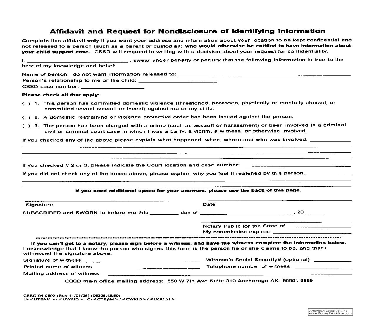 Affidavit And Request For Nondisclosure Of Identifying Information {04-0502} | Pdf Fpdf Doc Docx | Alaska