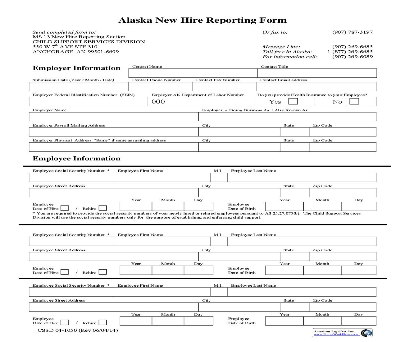 Alaska New Hire Reporting Form {04-1050} | Pdf Fpdf Doc Docx | Alaska