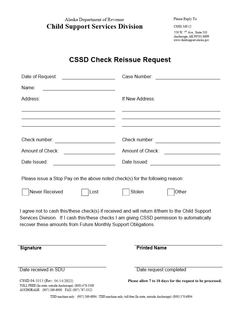 CSSD Check Reissue Request {04-1013} | Pdf Fpdf Docx | Alaska