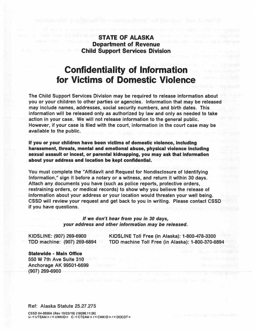 Confidentiality Of Information For Domestic Violence Victims {04-0500A} | Pdf Fpdf Doc Docx | Alaska