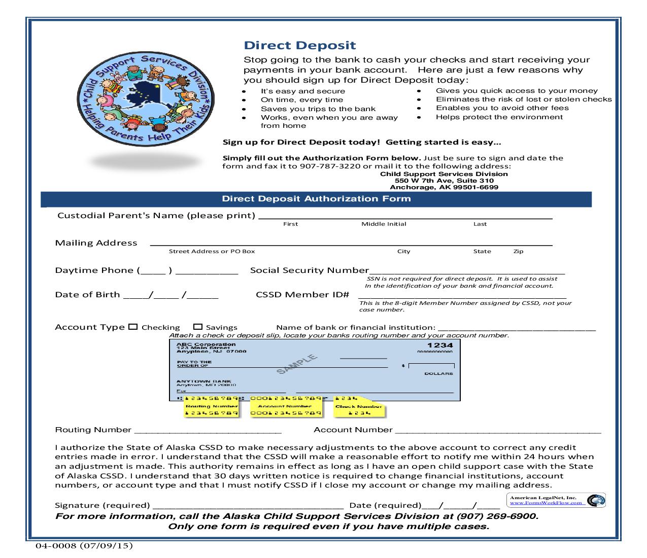 EFT Authorization For Direct Deposit Or Direct Payment {04-0008} | Pdf Fpdf Doc Docx | Alaska
