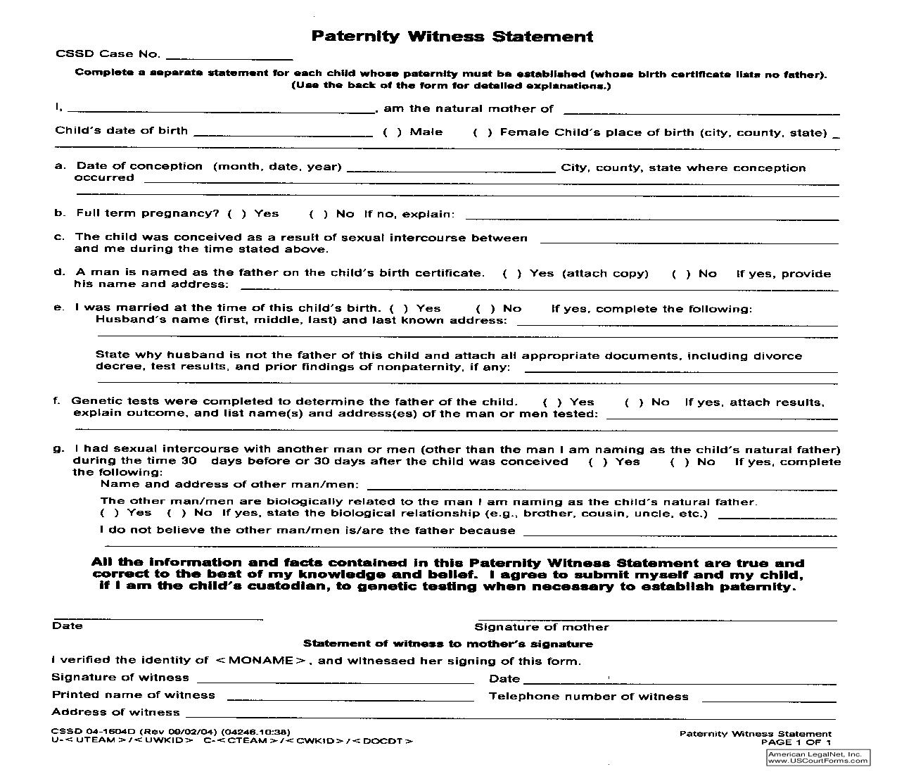 Paternity Witness Statement {04-1604D} | Pdf Fpdf Doc Docx | Alaska