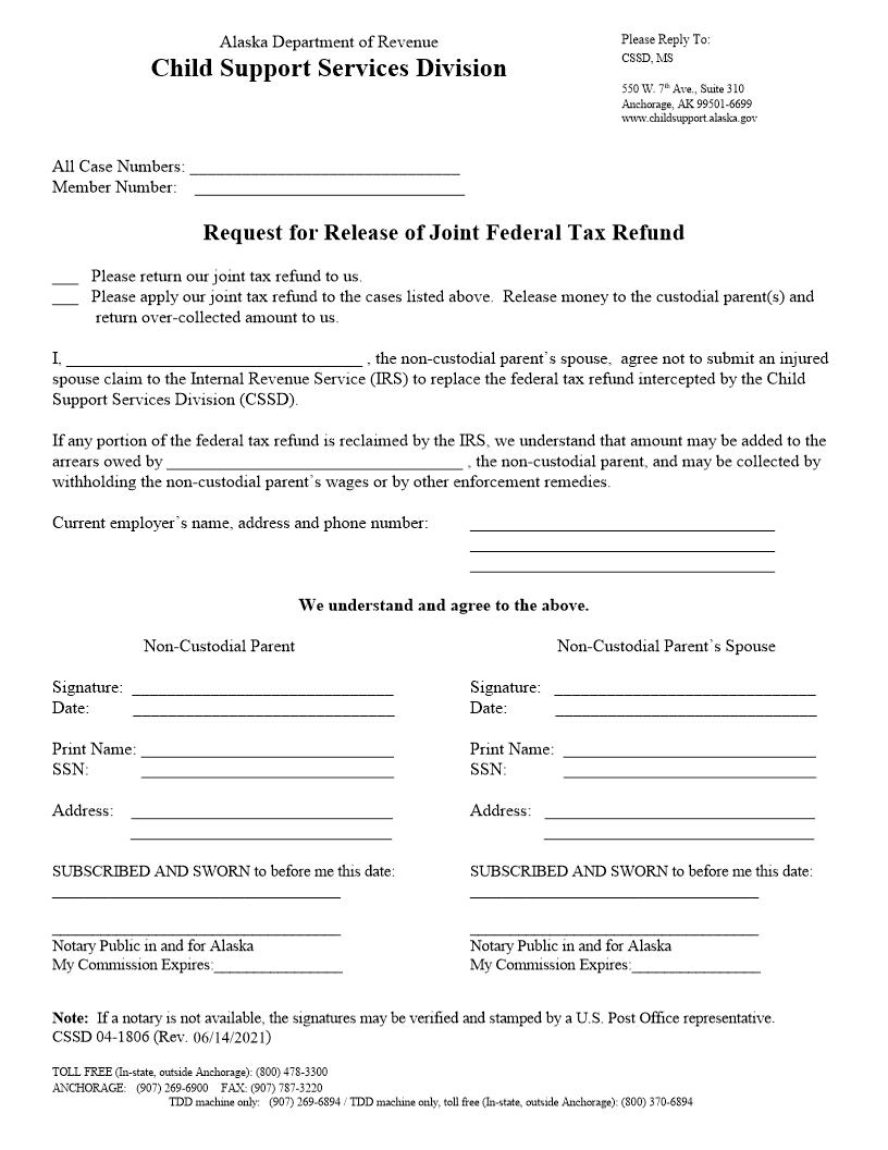 Request For Release Of Joint Federal Tax Refund{04-1806} | Pdf Fpdf Doc Docx | Alaska