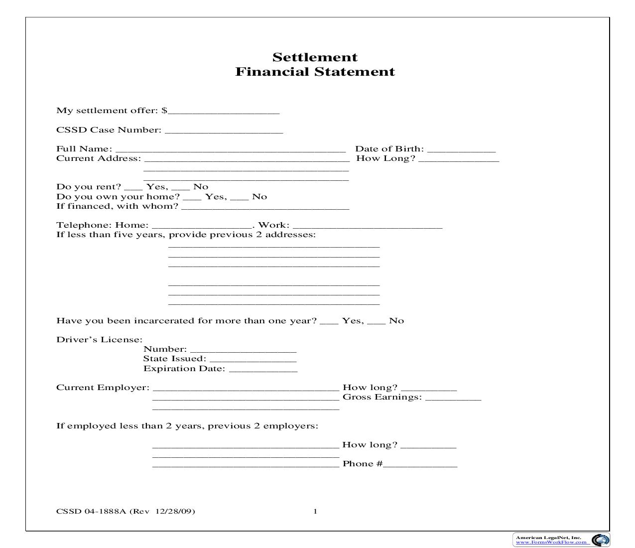 Settlement Financial Statement {04-1888A} | Pdf Fpdf Doc Docx | Alaska