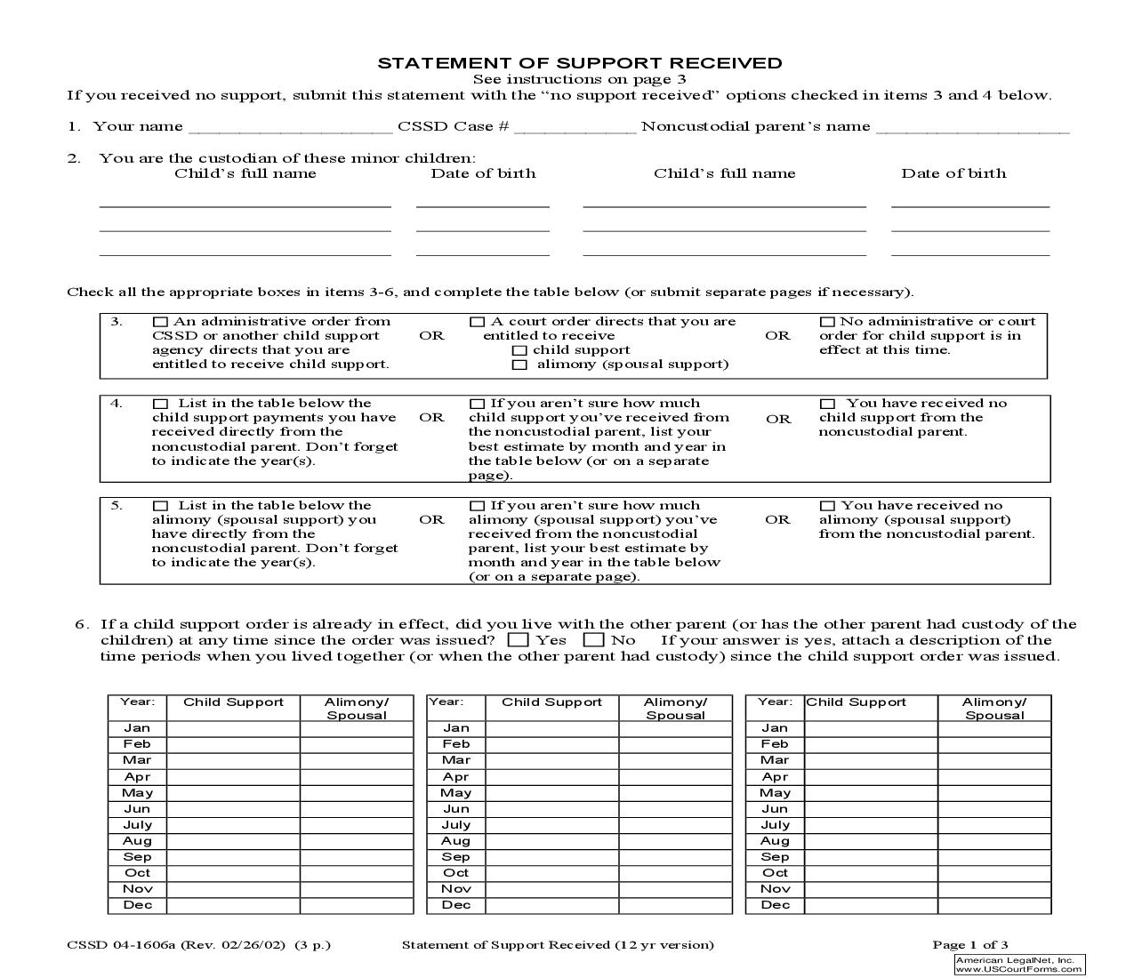 Statement Of Support Received (12 year version) {04-1606A} | Pdf Fpdf Doc Docx | Alaska