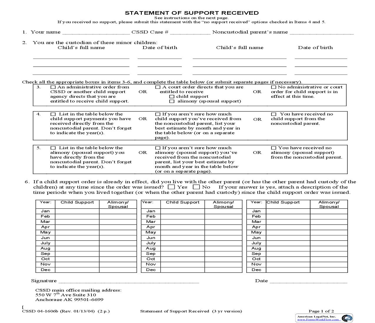 Statement Of Support Received (3 year version) {04-1606B} | Pdf Fpdf Doc Docx | Alaska