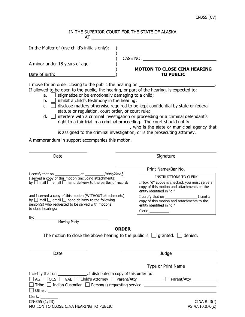 Motion To Close CINA Hearing To Public {CN-355} | Pdf Fpdf Doc Docx | Alaska