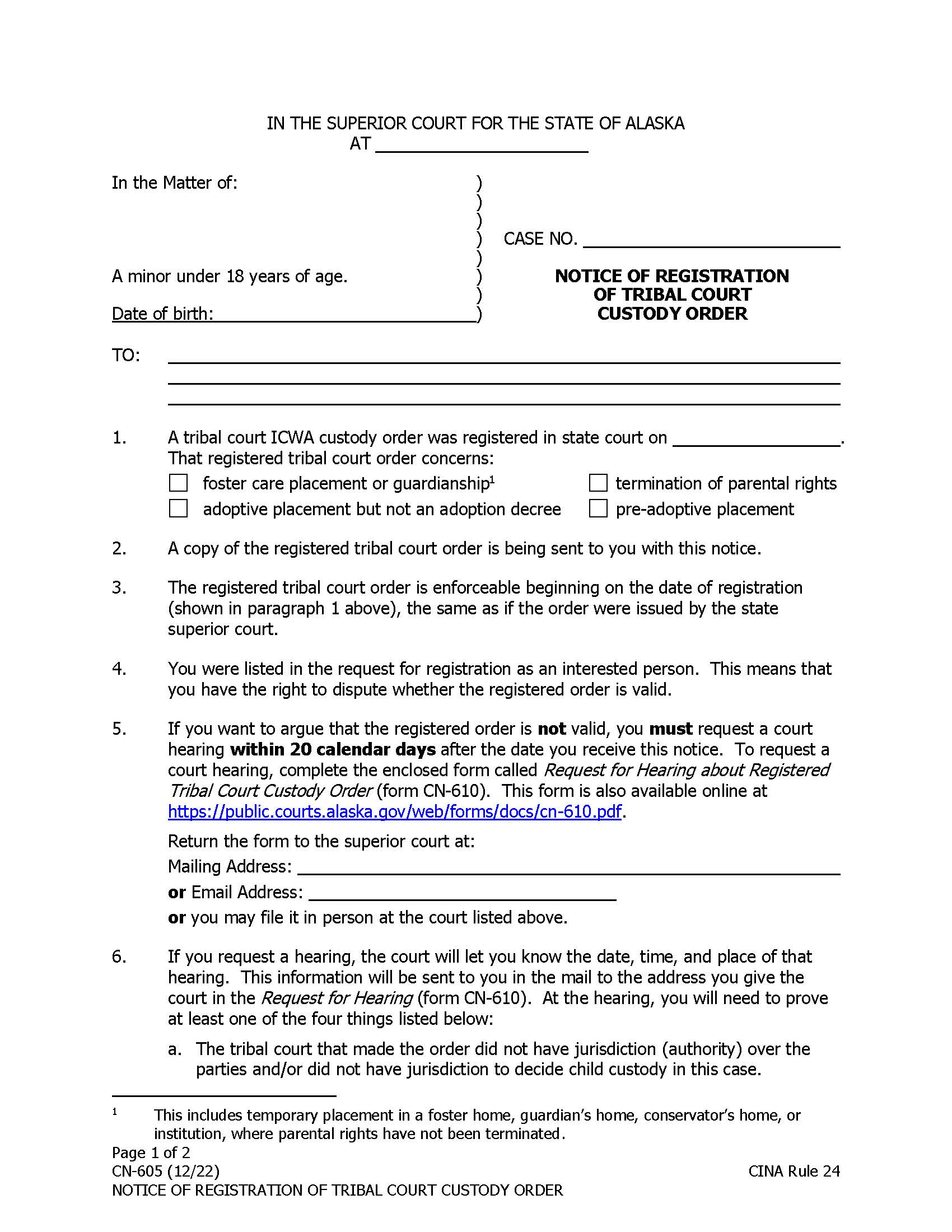 Notice Of Registration Of Tribal Court ICWA Custody Order {CN-605} | Pdf Fpdf Docx | Alaska