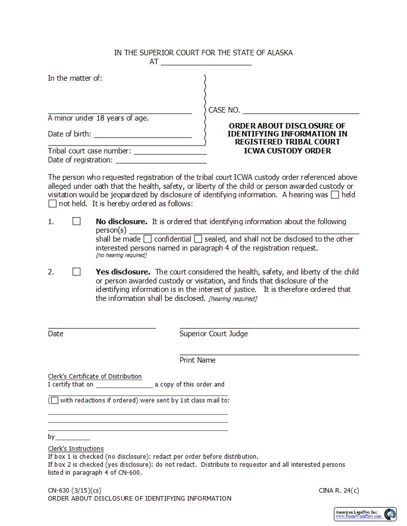 Order About Disclosure Of Identifying Information In Registered Tribal Court {CN-630} | Pdf Fpdf Docx | Alaska