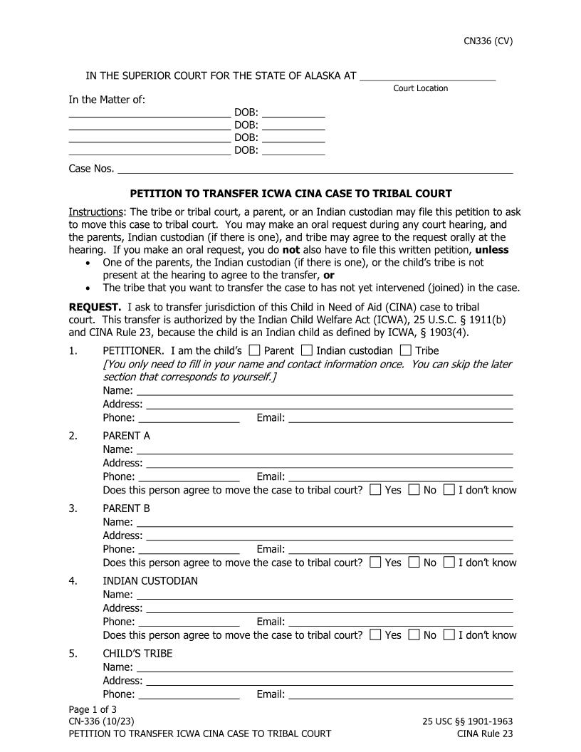 Petition To Transfer ICWA CINA Case To Trial Court {CN-336} | Pdf Fpdf Docx | Alaska