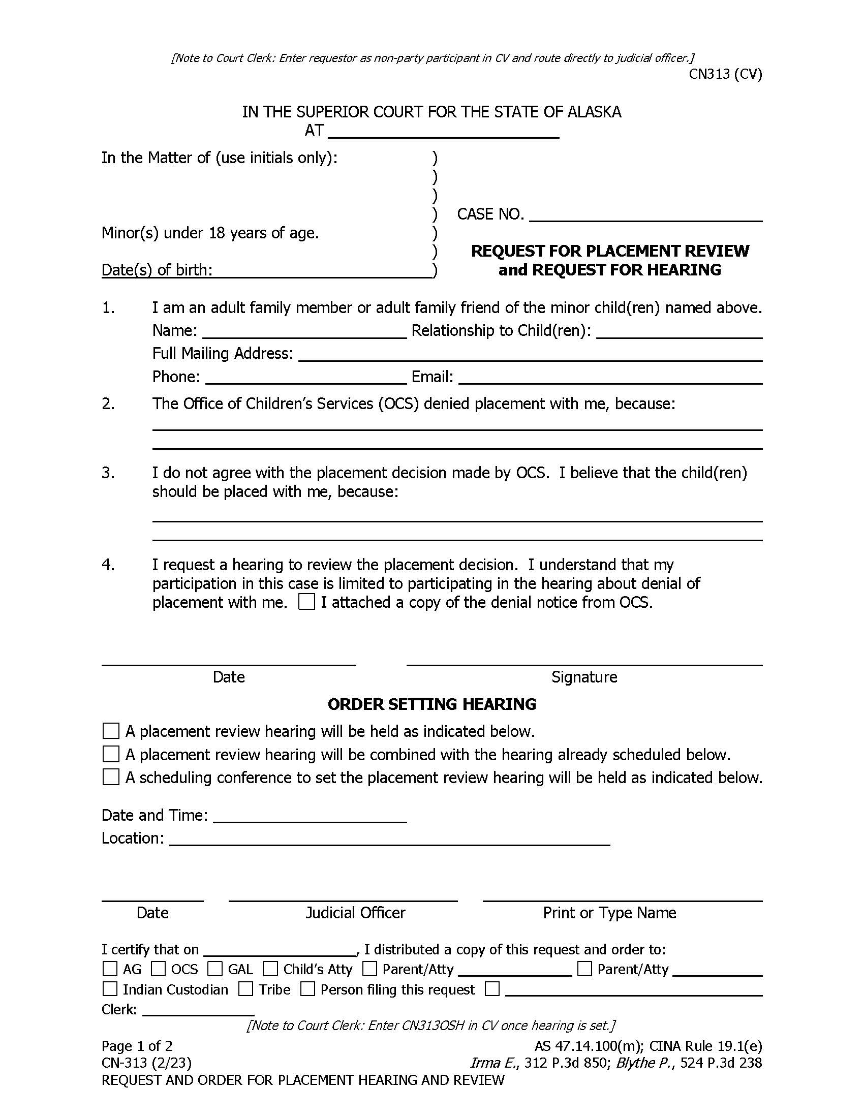 Request And Order For Placement Hearing And Review {CN-313} | Pdf Fpdf Doc Docx | Alaska