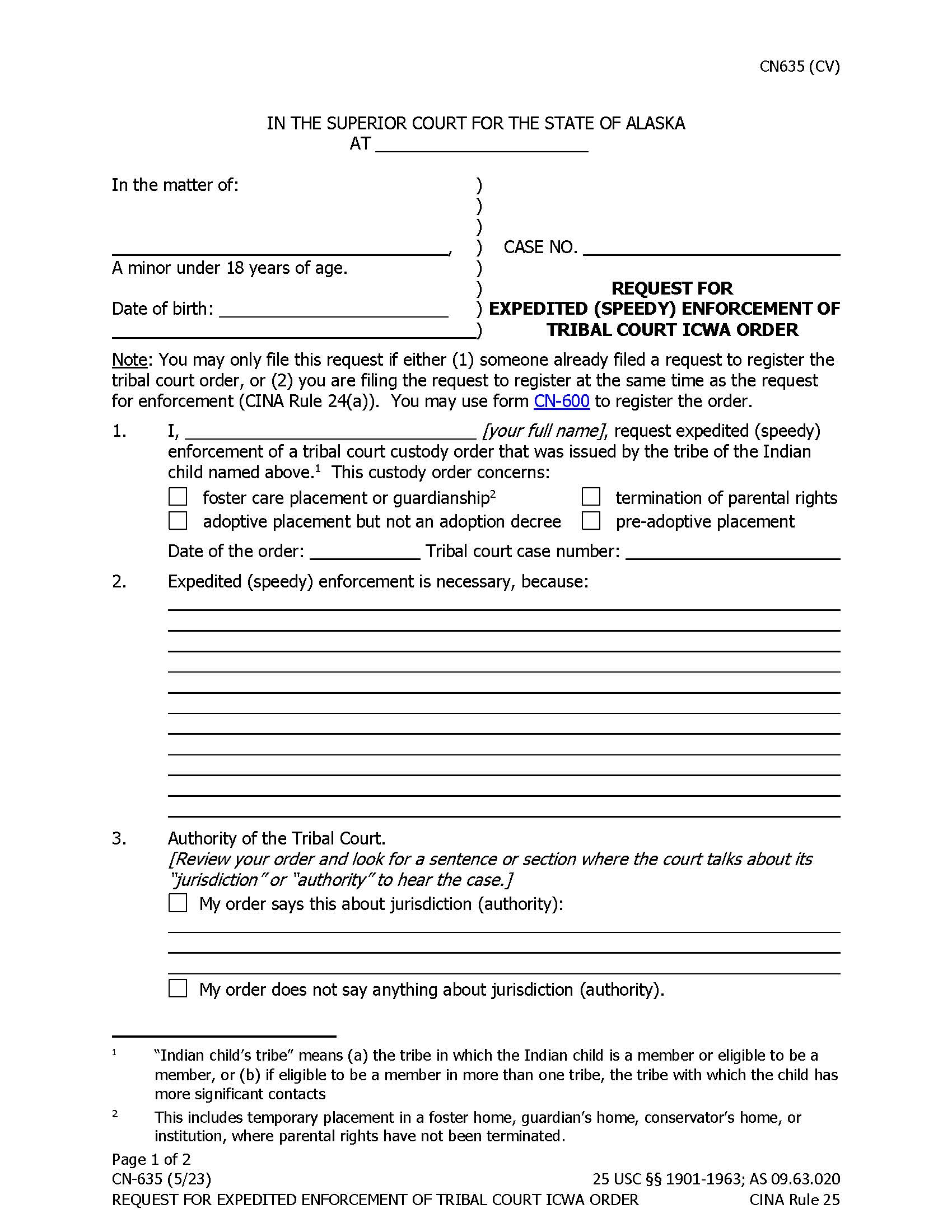 Request For Expedited Enforcement Of Tribal Court ICWA Custody Order {CN-635} | Pdf Fpdf Doc Docx | Alaska
