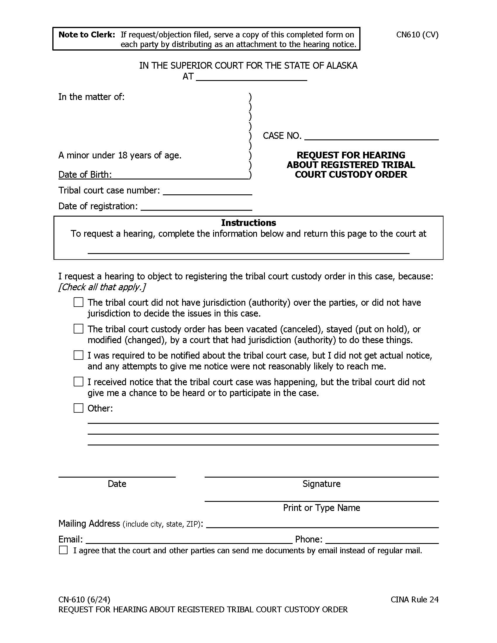 Request For Hearing About Registered Tribal Court ICWA Custody Order {CN-610} | Pdf Fpdf Doc Docx | Alaska