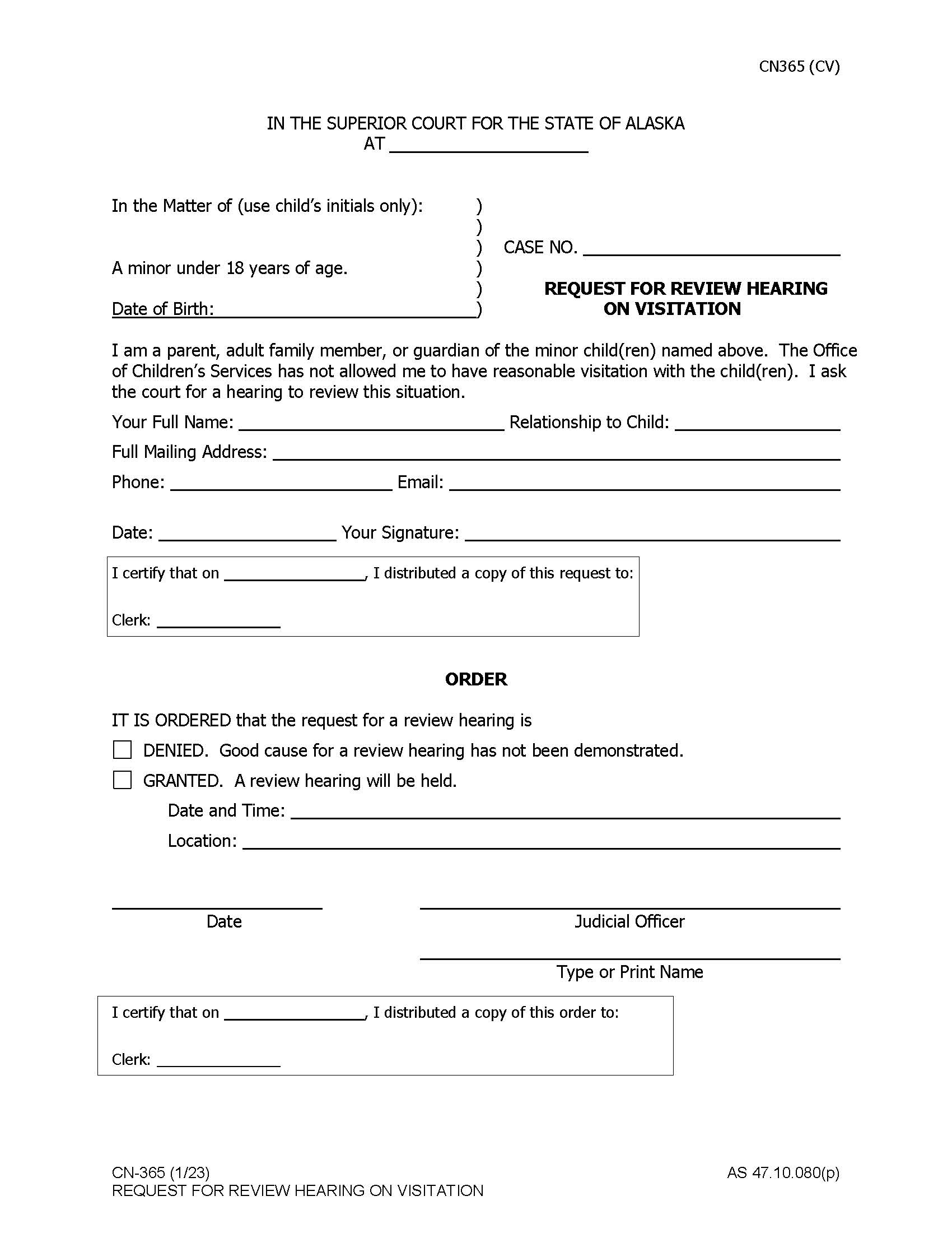 Request For Review Hearing On Visitation {CN-365} | Pdf Fpdf Doc Docx | Alaska