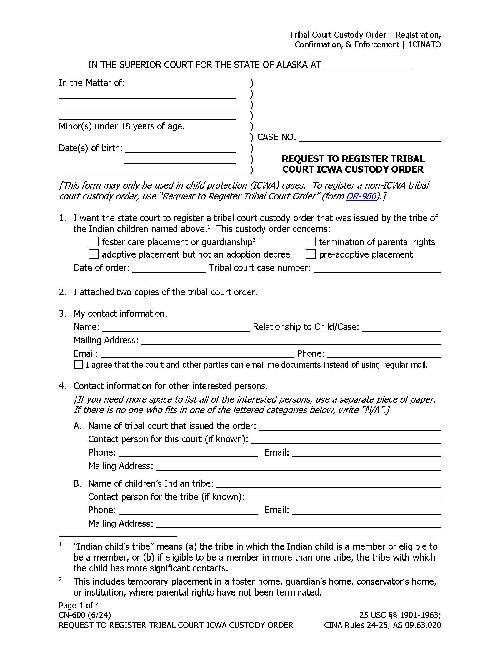 Request To Register Tribal Court ICWA Custody Order {CN-600} | Pdf Fpdf Doc Docx | Alaska