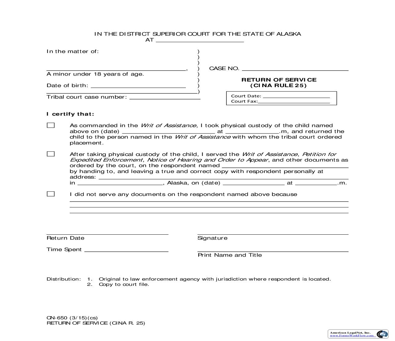 Return Of Service - Cina Rule 25 {CN-650} | Pdf Fpdf Doc Docx | Alaska