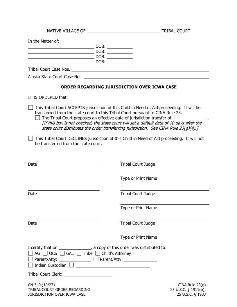 Tribal Court Order Re Jurisdiction Over Indian Child Welfare Case {CN-340} | Pdf Fpdf Doc Docx | Alaska