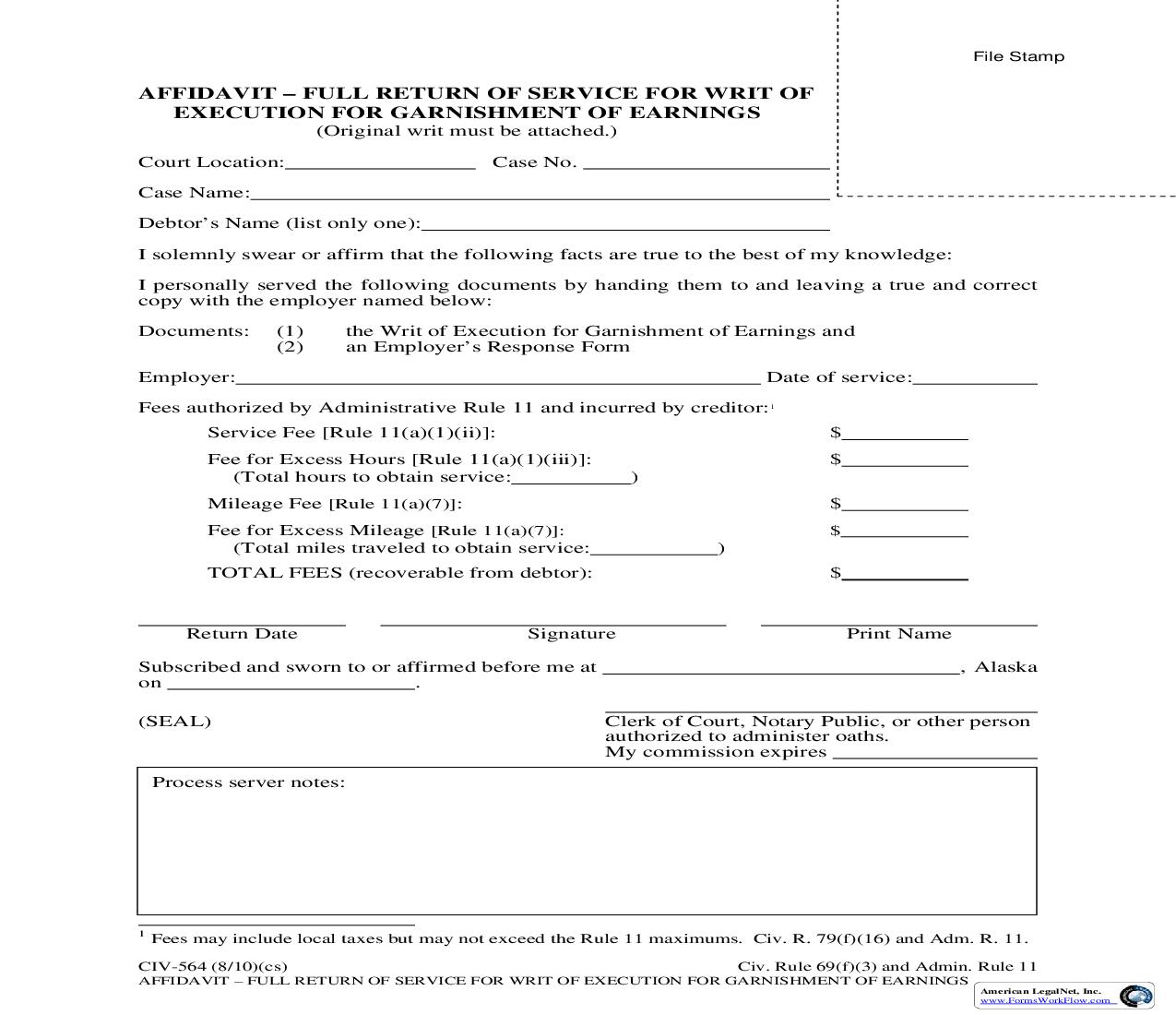 Affidavit - Full Return Of Service For Writ Of Execution For Garnishment Of Earnings {CIV-564} | Pdf Fpdf Doc Docx | Alaska