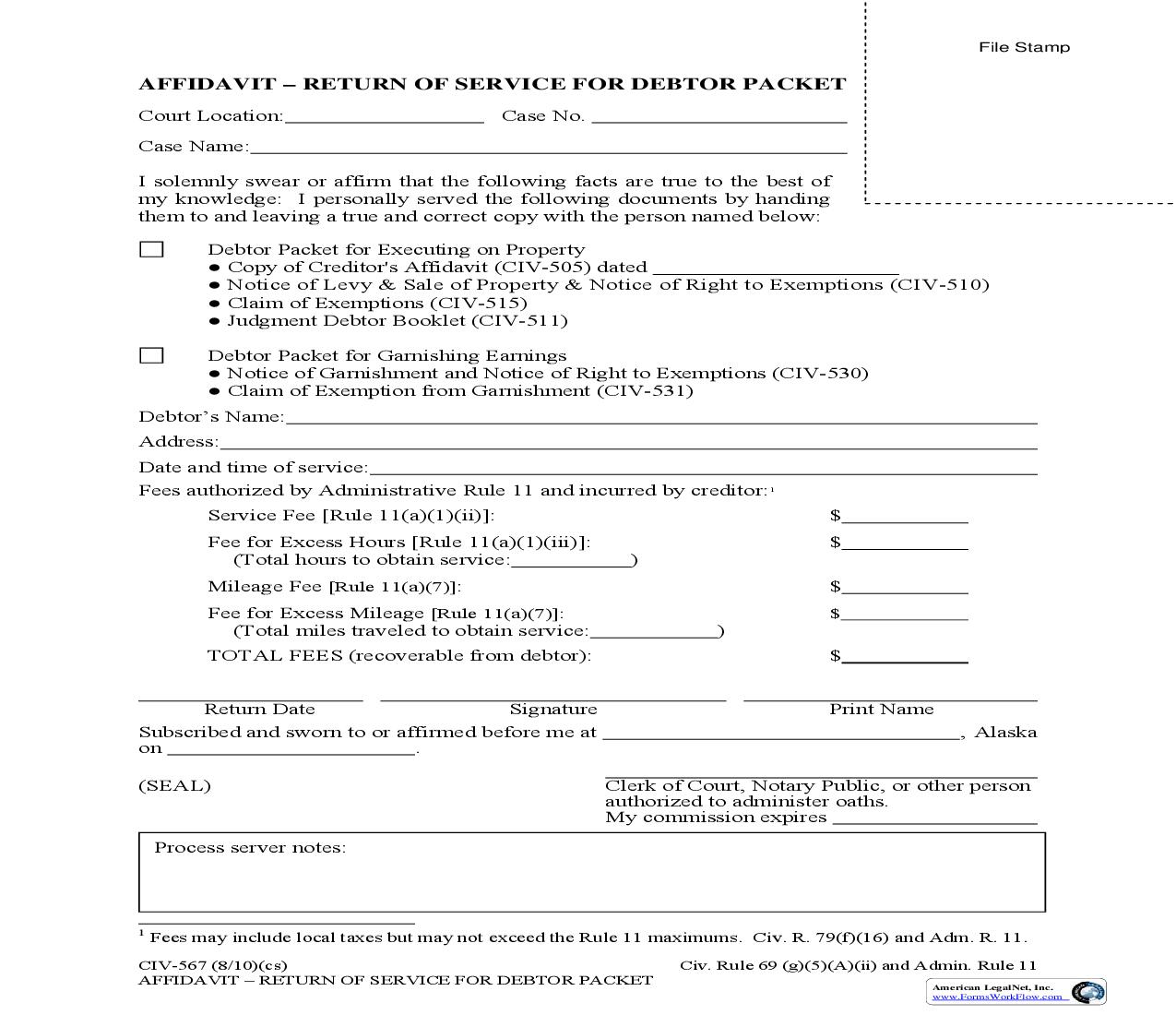 Affidavit - Return Of Service For Debtor Packet {CIV-567} | Pdf Fpdf Doc Docx | Alaska