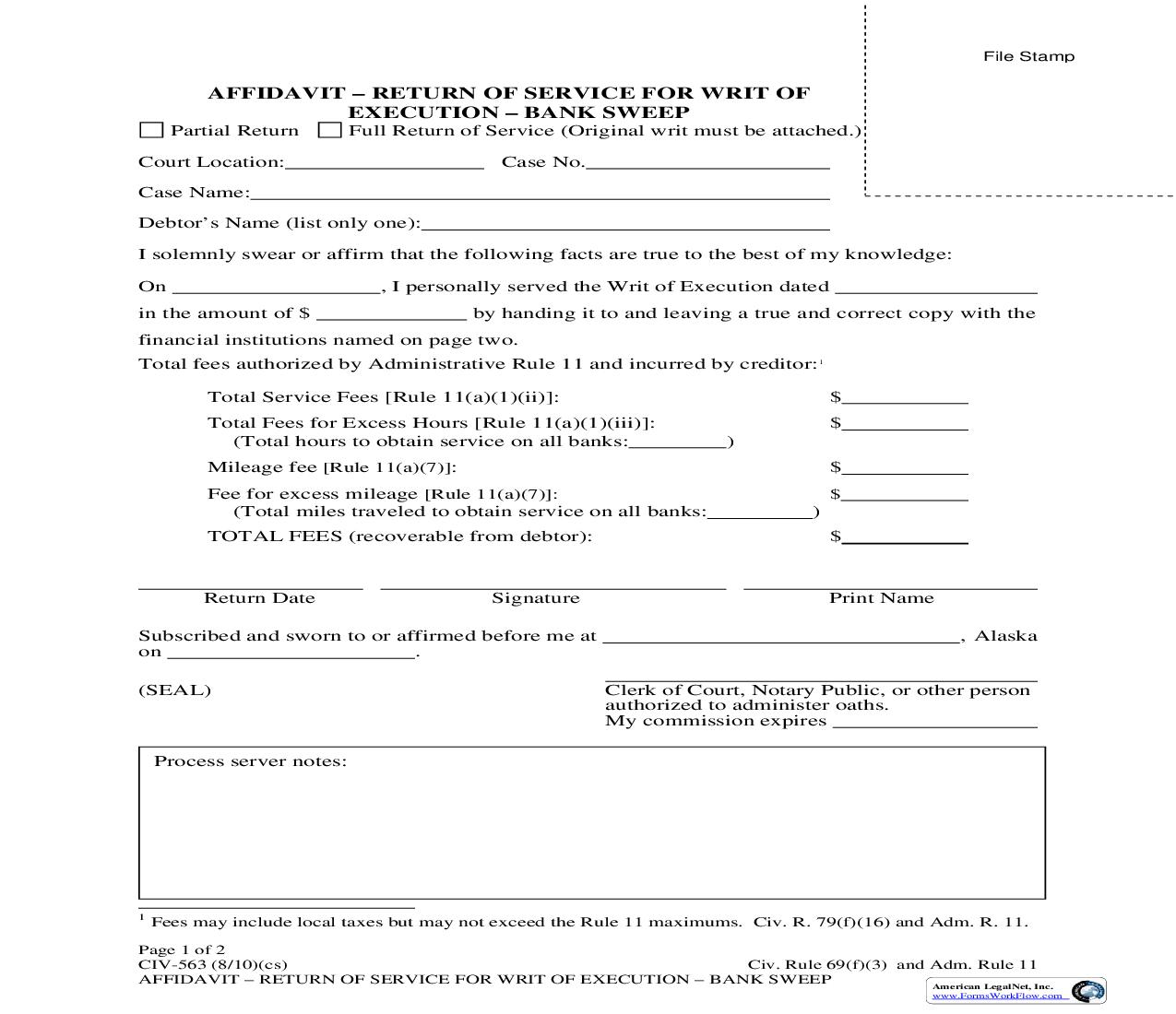 Affidavit - Return Of Service For Writ Of Execution - Bank Sweep {CIV-563} | Pdf Fpdf Doc Docx | Alaska