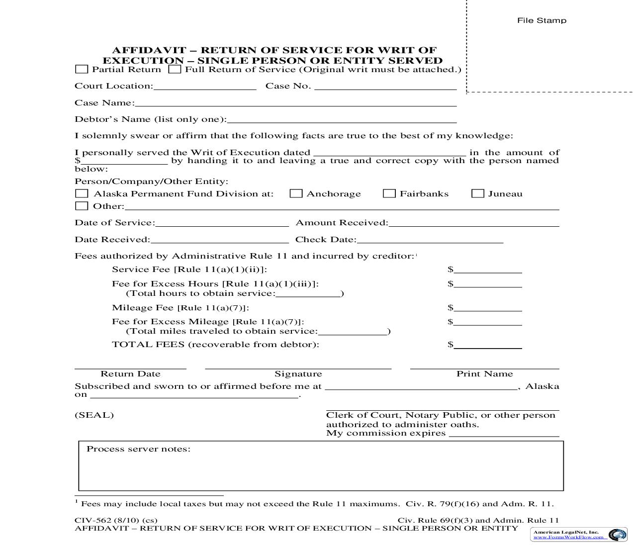 Affidavit - Return Of Service For Writ Of Execution - Single Person Or Entity Served {CIV-562} | Pdf Fpdf Doc Docx | Alaska