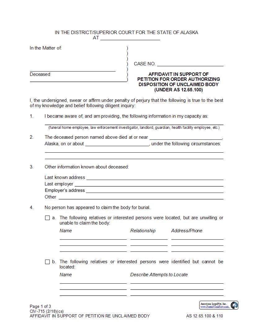Affidavit In Support Of Petition For Order Authorizing Disposition Of Unclaimed Body {CIV-715} | Pdf Fpdf Docx | Alaska