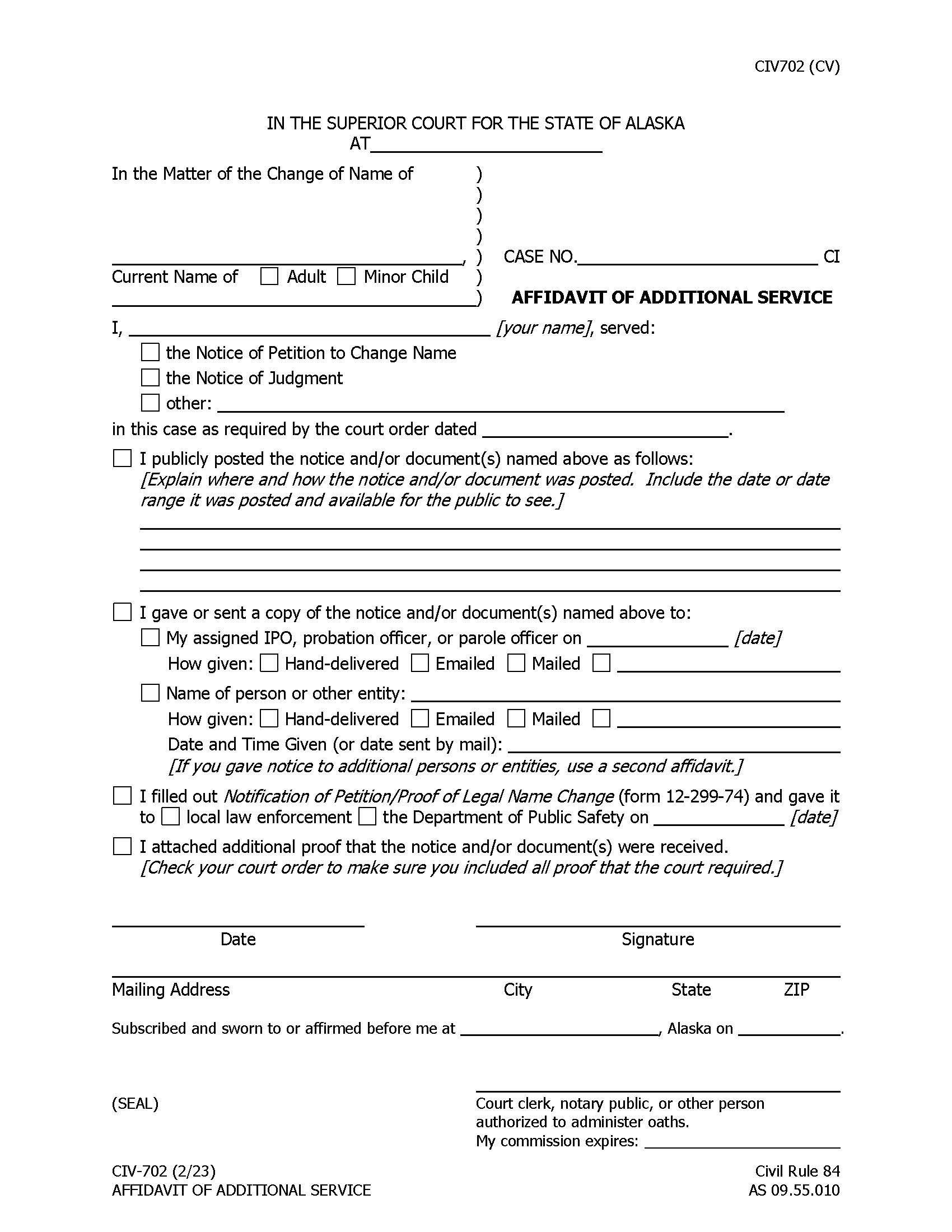 Affidavit Of Additional Service {CIV-702} | Pdf Fpdf Doc Docx | Alaska