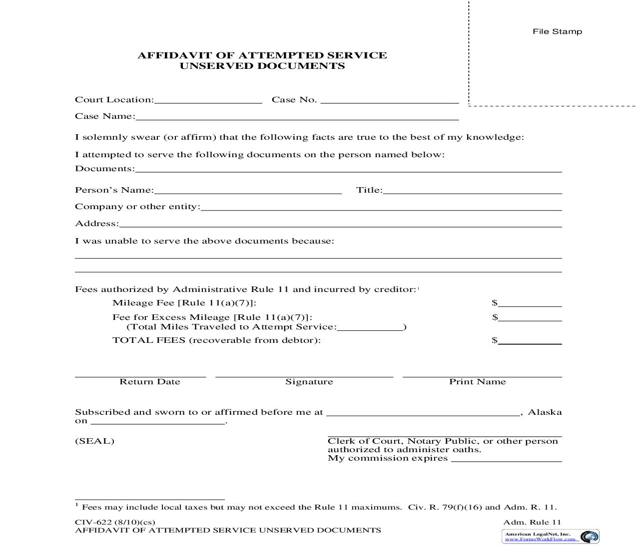 Affidavit Of Attempted Service Unserved Documents {CIV-622} | Pdf Fpdf Doc Docx | Alaska